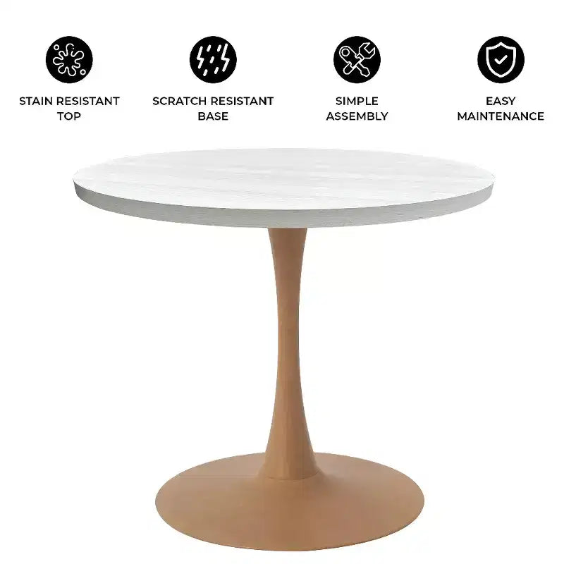 LeisureMod Bristol 27 Round Dining Table  MDF Top with Natural Wood Steel Pedestal Base, Modern Kitchen & Dining Room Accent Table for Small Spaces