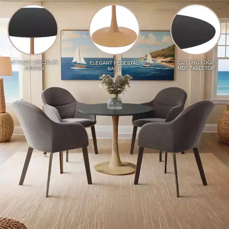 LeisureMod Bristol 27 Round Dining Table  MDF Top with Natural Wood Steel Pedestal Base, Modern Kitchen & Dining Room Accent Table for Small Spaces