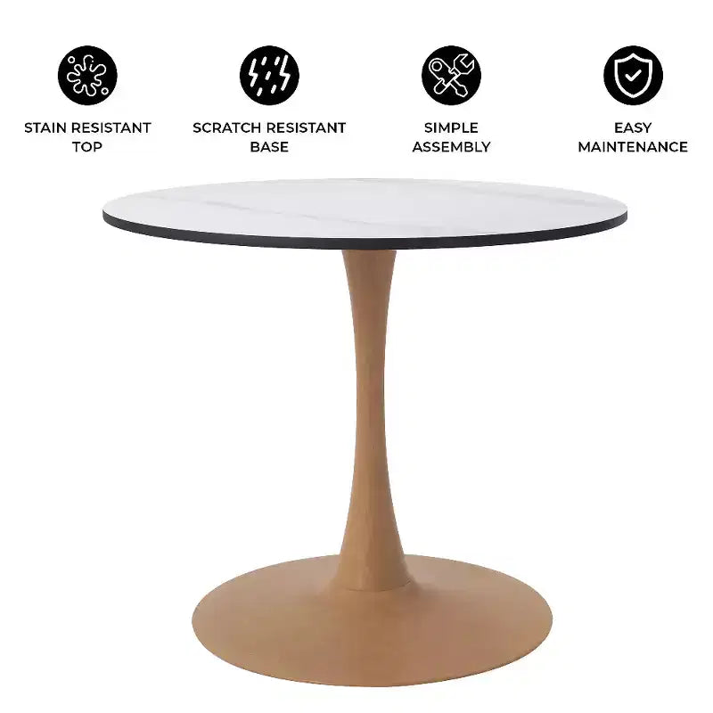 LeisureMod Bristol 27 Round Dining Table  MDF Top with Natural Wood Steel Pedestal Base, Modern Kitchen & Dining Room Accent Table for Small Spaces