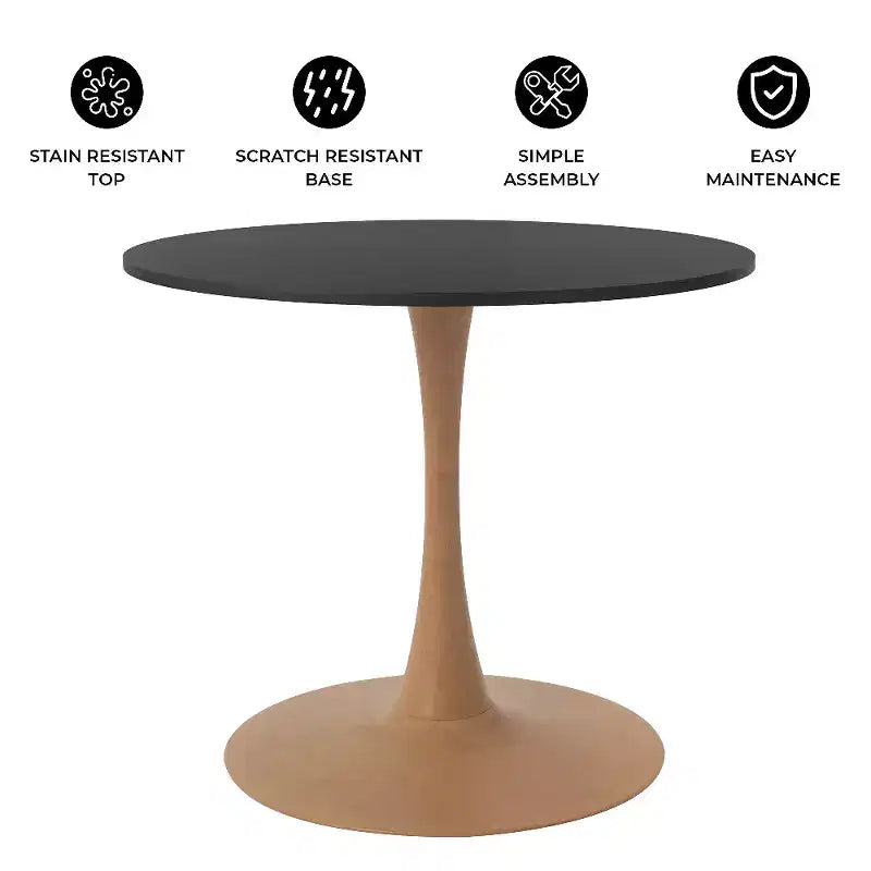 LeisureMod Bristol 27 Round Dining Table  MDF Top with Natural Wood Steel Pedestal Base, Modern Kitchen & Dining Room Accent Table for Small Spaces