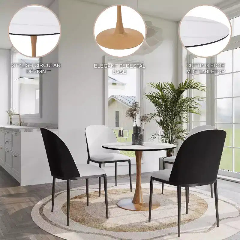 LeisureMod Bristol 27 Round Dining Table  MDF Top with Natural Wood Steel Pedestal Base, Modern Kitchen & Dining Room Accent Table for Small Spaces