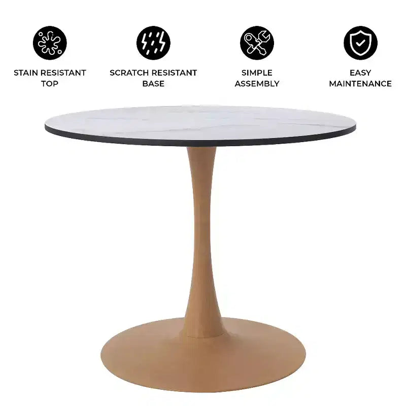 LeisureMod Bristol 27 Round Dining Table  MDF Top with Natural Wood Steel Pedestal Base, Modern Kitchen & Dining Room Accent Table for Small Spaces