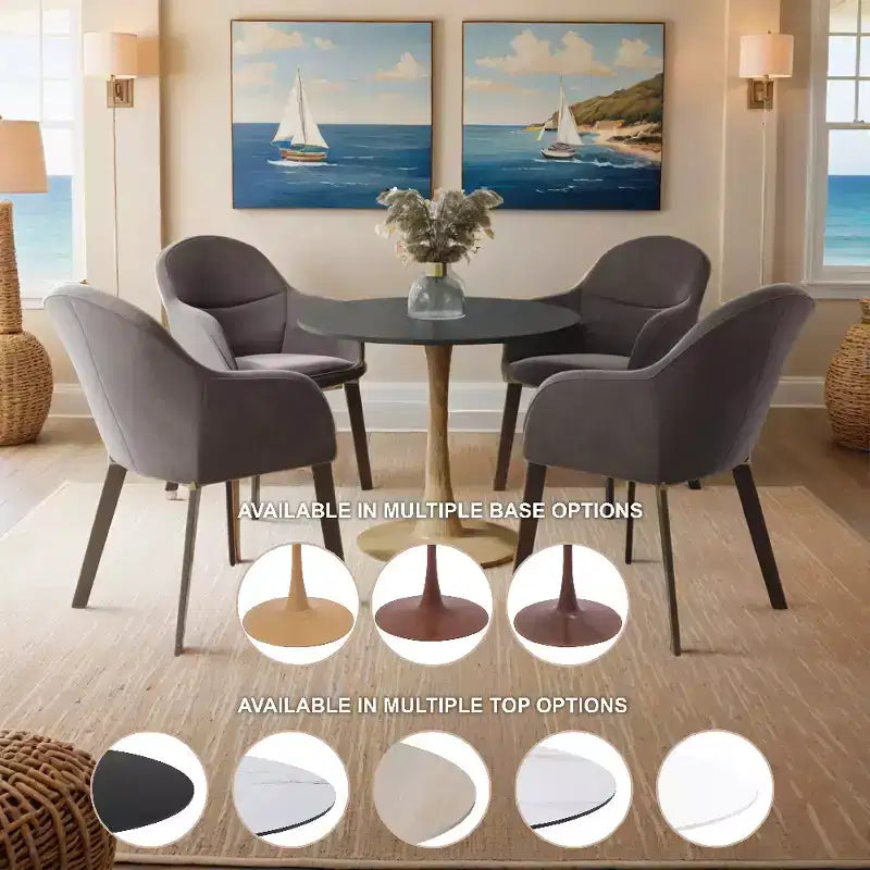 LeisureMod Bristol 27 Round Dining Table  MDF Top with Natural Wood Steel Pedestal Base, Modern Kitchen & Dining Room Accent Table for Small Spaces