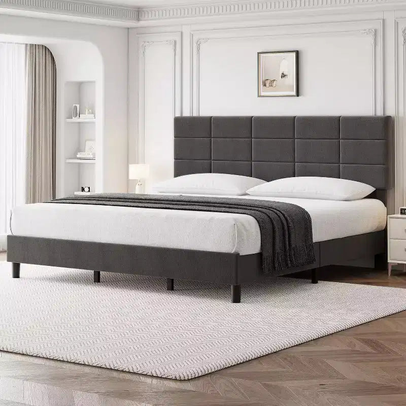 DobleePy King Size Bed Frame, Grey, No Box Spring Needed, Heavy Duty, Strong Bearing Capacity, Noise-Free, Adjustable Headboard, Easy Assembly