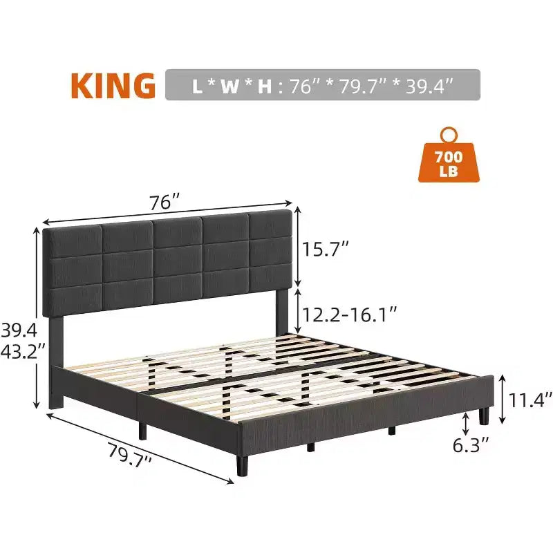 DobleePy King Size Bed Frame, Grey, No Box Spring Needed, Heavy Duty, Strong Bearing Capacity, Noise-Free, Adjustable Headboard, Easy Assembly
