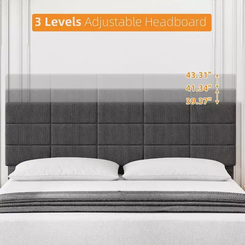 DobleePy King Size Bed Frame, Grey, No Box Spring Needed, Heavy Duty, Strong Bearing Capacity, Noise-Free, Adjustable Headboard, Easy Assembly
