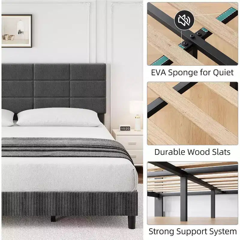 DobleePy King Size Bed Frame, Grey, No Box Spring Needed, Heavy Duty, Strong Bearing Capacity, Noise-Free, Adjustable Headboard, Easy Assembly