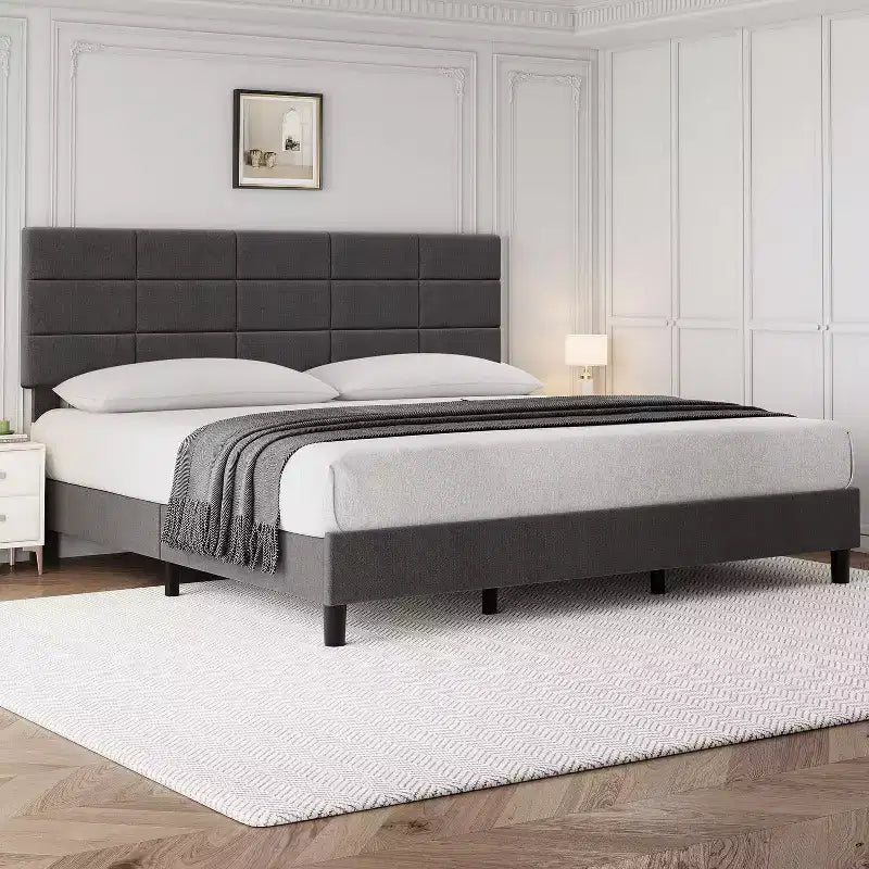 DobleePy King Size Bed Frame, Grey, No Box Spring Needed, Heavy Duty, Strong Bearing Capacity, Noise-Free, Adjustable Headboard, Easy Assembly