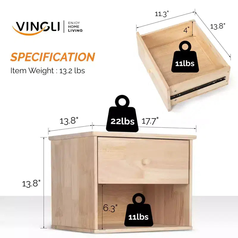 VINGLI Unfinished Natural Solid Wood Floating Nightstand,Farmhouse Night Stand Wall-Mounted Nightstand Table for Small Space Color DIY