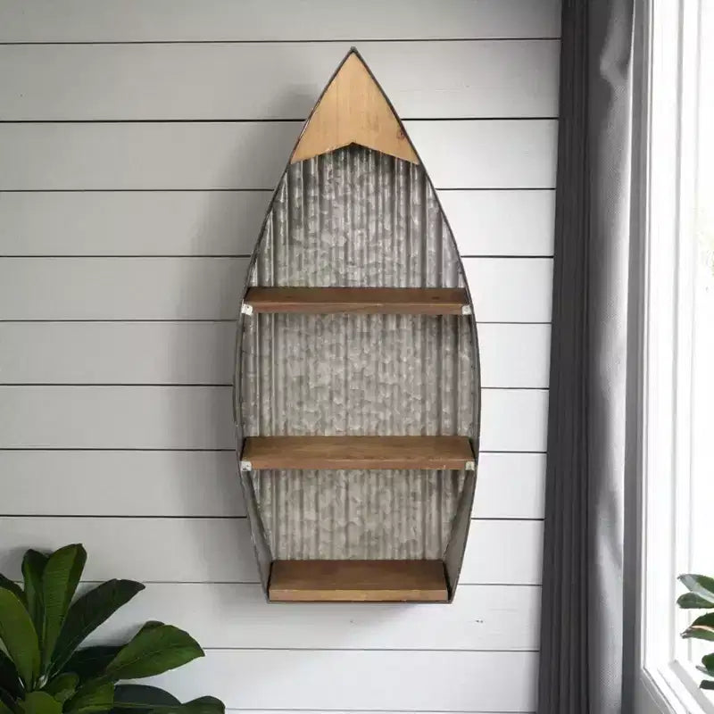 HomeRoots 23 Brown And Gray Galvanized Metal And Wood Wall Mounted Boat Shelf