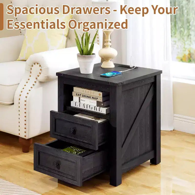 Dyonery Farmhouse Nightstand with Charging Station 18 Rustic End Table