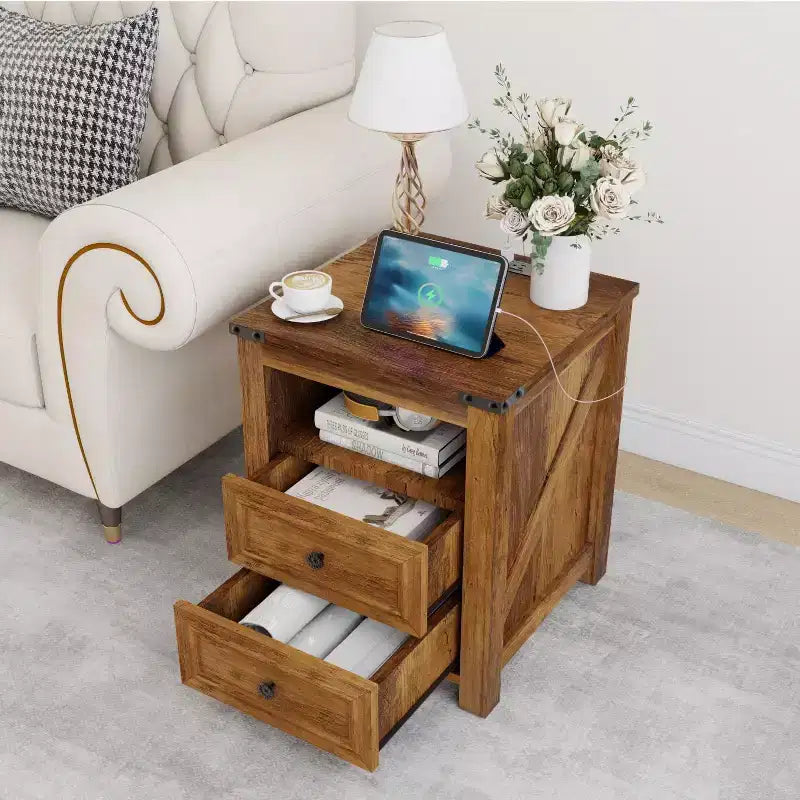 Dyonery Farmhouse Nightstand with Charging Station 18 Rustic End Table