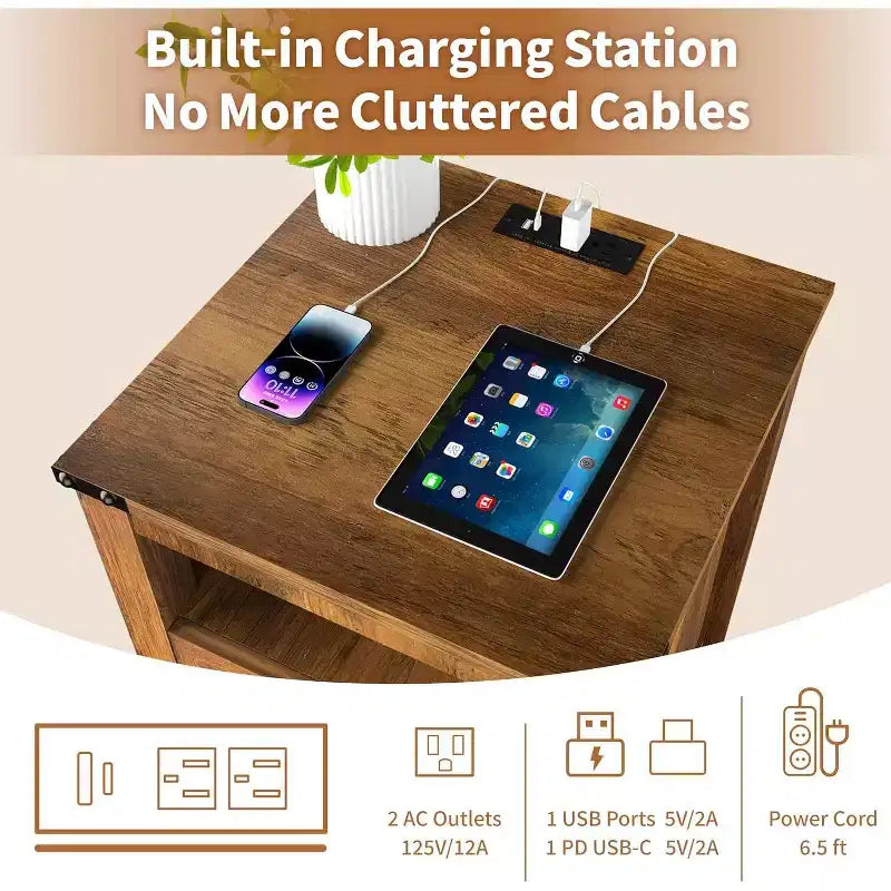 Dyonery Farmhouse Nightstand with Charging Station 18 Rustic End Table