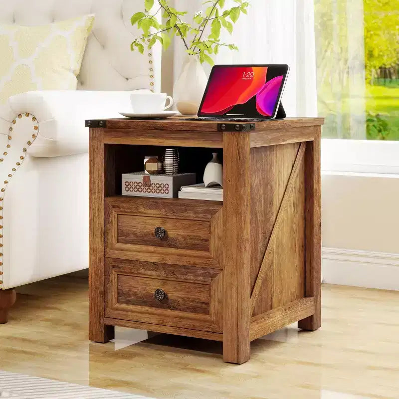 Dyonery Farmhouse Nightstand with Charging Station 18 Rustic End Table
