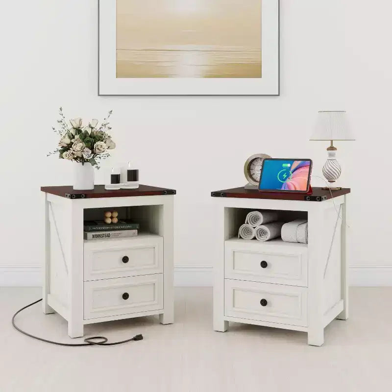 Dyonery Farmhouse Nightstand with Charging Station 18 Rustic End Table