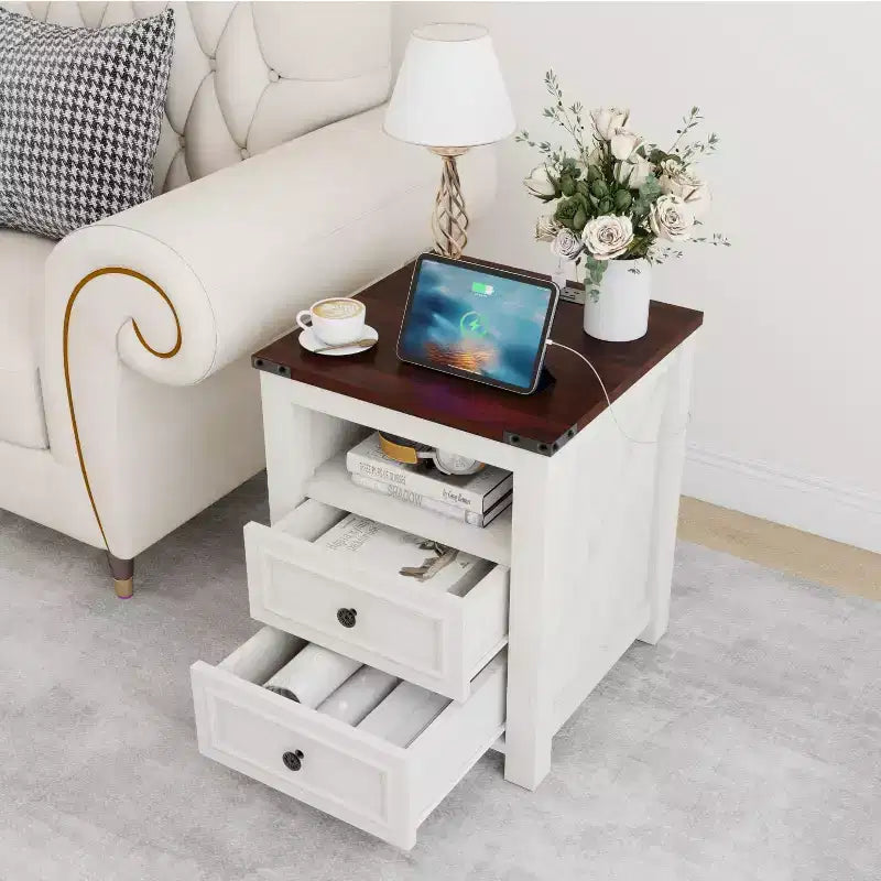 Dyonery Farmhouse Nightstand with Charging Station 18 Rustic End Table