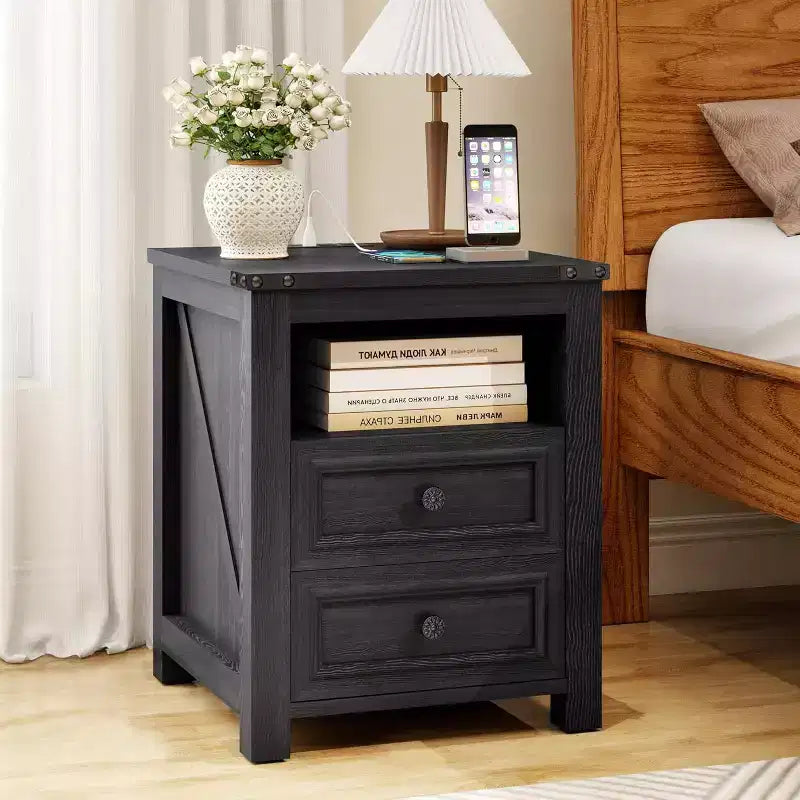 Dyonery Farmhouse Nightstand with Charging Station 18 Rustic End Table