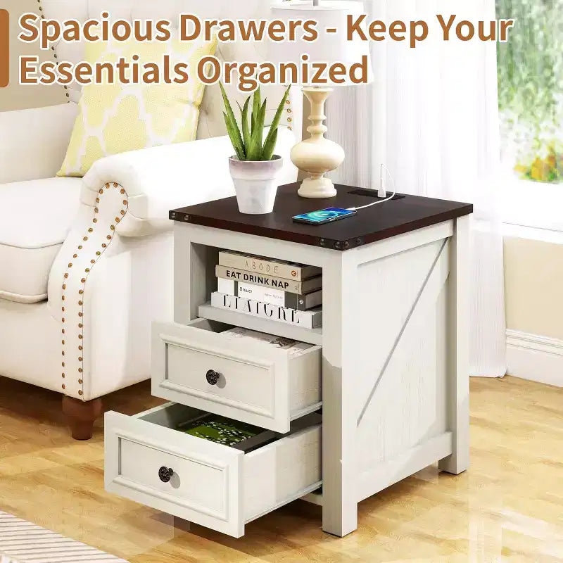 Dyonery Farmhouse Nightstand with Charging Station 18 Rustic End Table