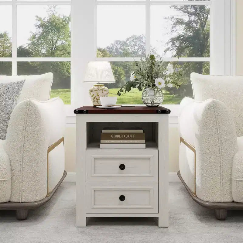 Dyonery Farmhouse Nightstand with Charging Station 18 Rustic End Table