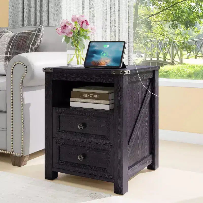 Dyonery Farmhouse Nightstand with Charging Station 18 Rustic End Table