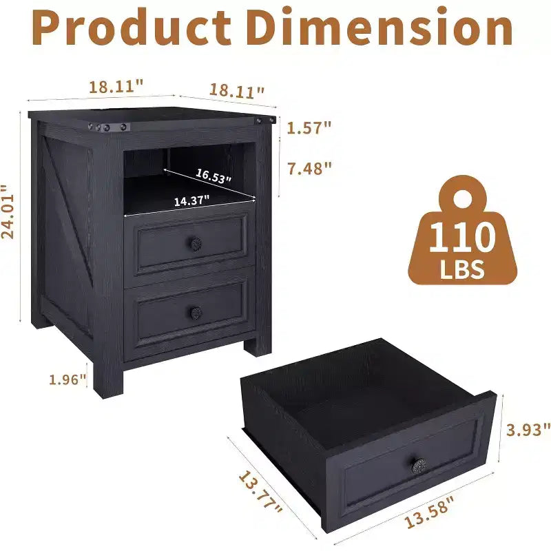 Dyonery Farmhouse Nightstand with Charging Station 18 Rustic End Table