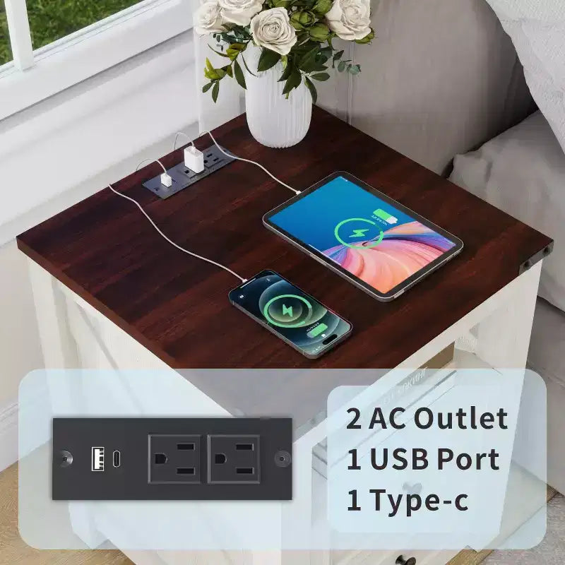Dyonery Farmhouse Nightstand with Charging Station 18 Rustic End Table