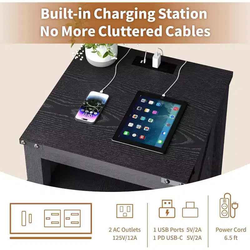 Dyonery Farmhouse Nightstand with Charging Station 18 Rustic End Table