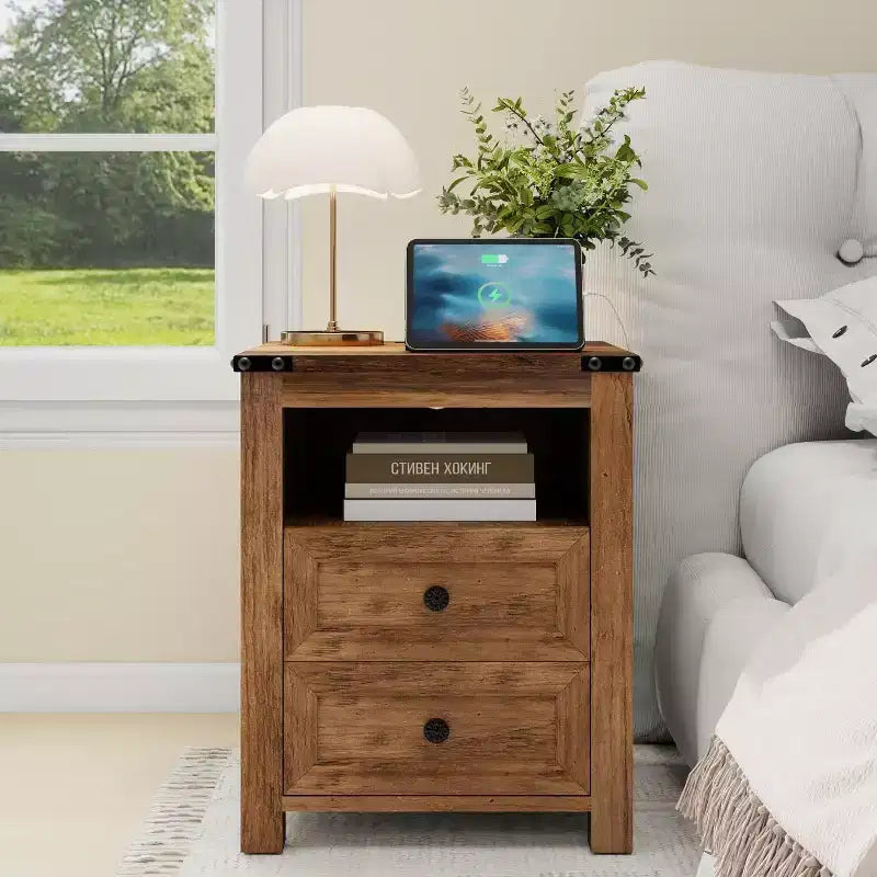Dyonery Farmhouse Nightstand with Charging Station 18 Rustic End Table