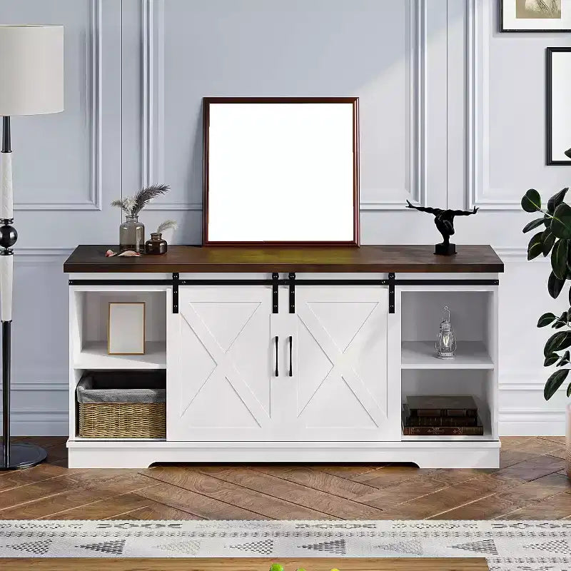 CuisinSmart Farmhouse Cabinet, 65 Inch TV Stand with Storage, Barn Doors and Shelves, Modern TV Console Table Furniture for Living Bedroom