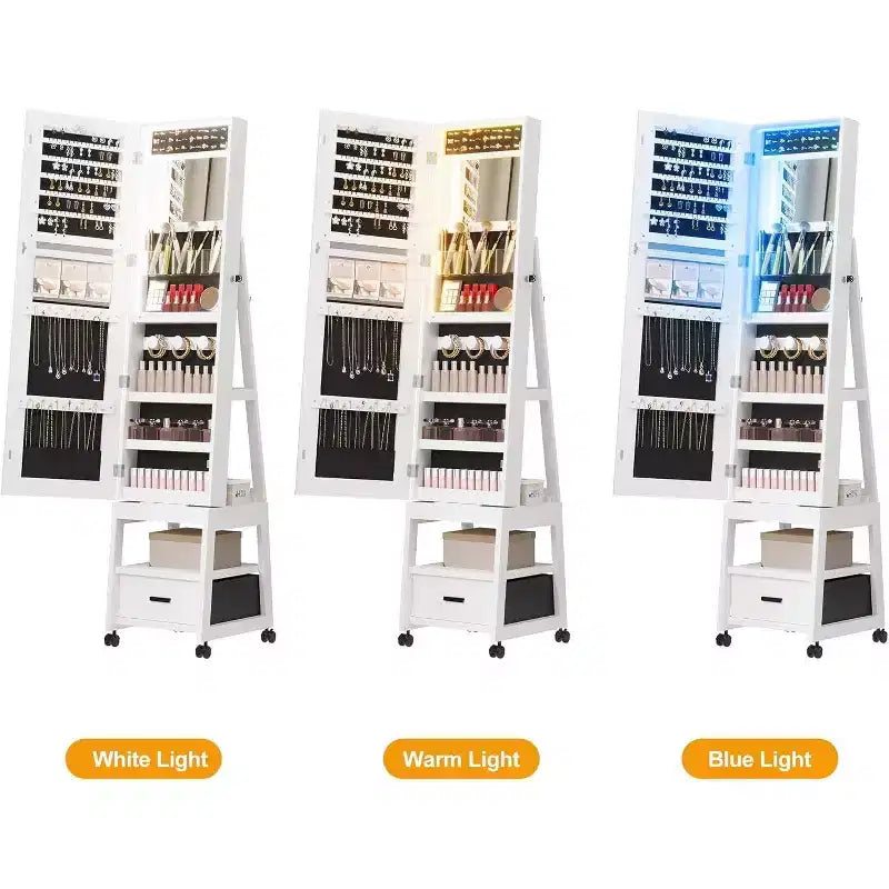 LED Mirror Jewelry Armoire, 360 Swivel, Vertical Jewelry Organizer with Lockable Lockers, Drawers, Mobility Wheels, Foldable Makeup Shelf