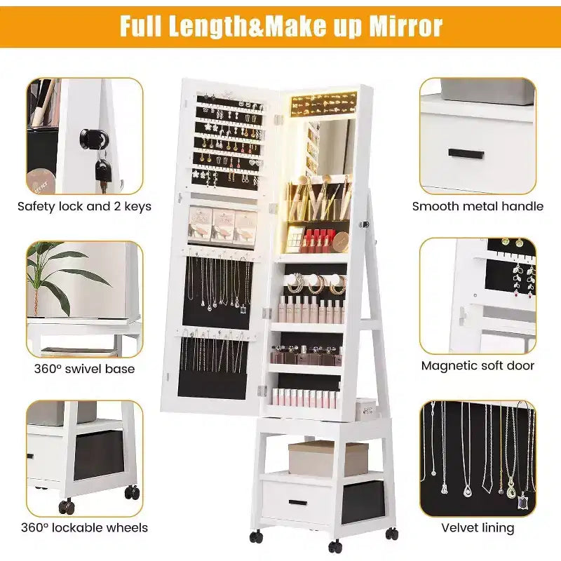 LED Mirror Jewelry Armoire, 360 Swivel, Vertical Jewelry Organizer with Lockable Lockers, Drawers, Mobility Wheels, Foldable Makeup Shelf