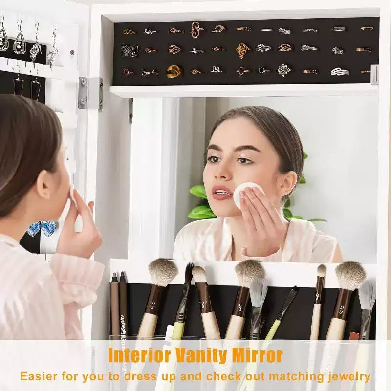 LED Mirror Jewelry Armoire, 360 Swivel, Vertical Jewelry Organizer with Lockable Lockers, Drawers, Mobility Wheels, Foldable Makeup Shelf