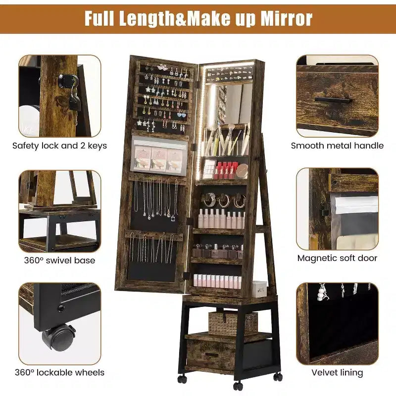 LED Mirror Jewelry Armoire, 360 Swivel, Vertical Jewelry Organizer with Lockable Lockers, Drawers, Mobility Wheels, Foldable Makeup Shelf