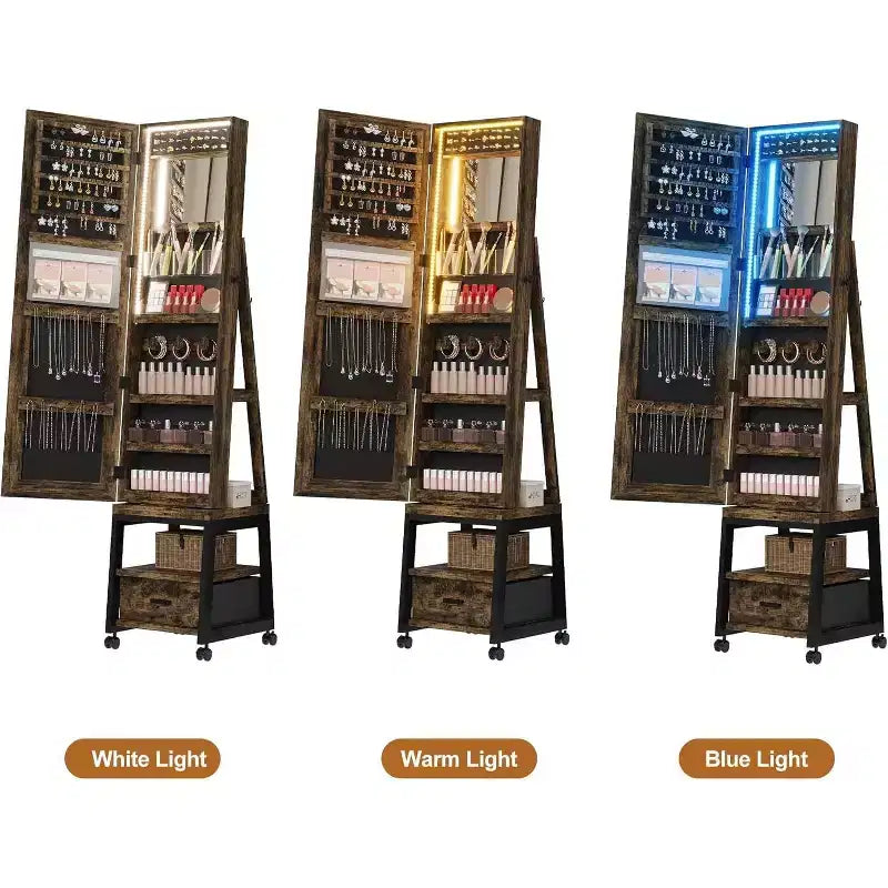 LED Mirror Jewelry Armoire, 360 Swivel, Vertical Jewelry Organizer with Lockable Lockers, Drawers, Mobility Wheels, Foldable Makeup Shelf