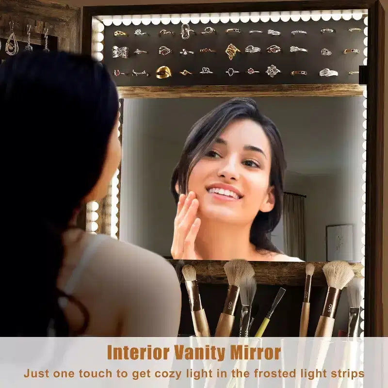 LED Mirror Jewelry Armoire, 360 Swivel, Vertical Jewelry Organizer with Lockable Lockers, Drawers, Mobility Wheels, Foldable Makeup Shelf