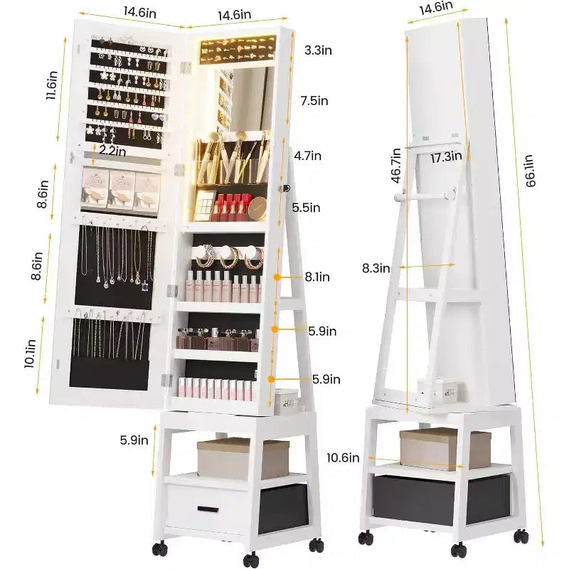 LED Mirror Jewelry Armoire, 360 Swivel, Vertical Jewelry Organizer with Lockable Lockers, Drawers, Mobility Wheels, Foldable Makeup Shelf