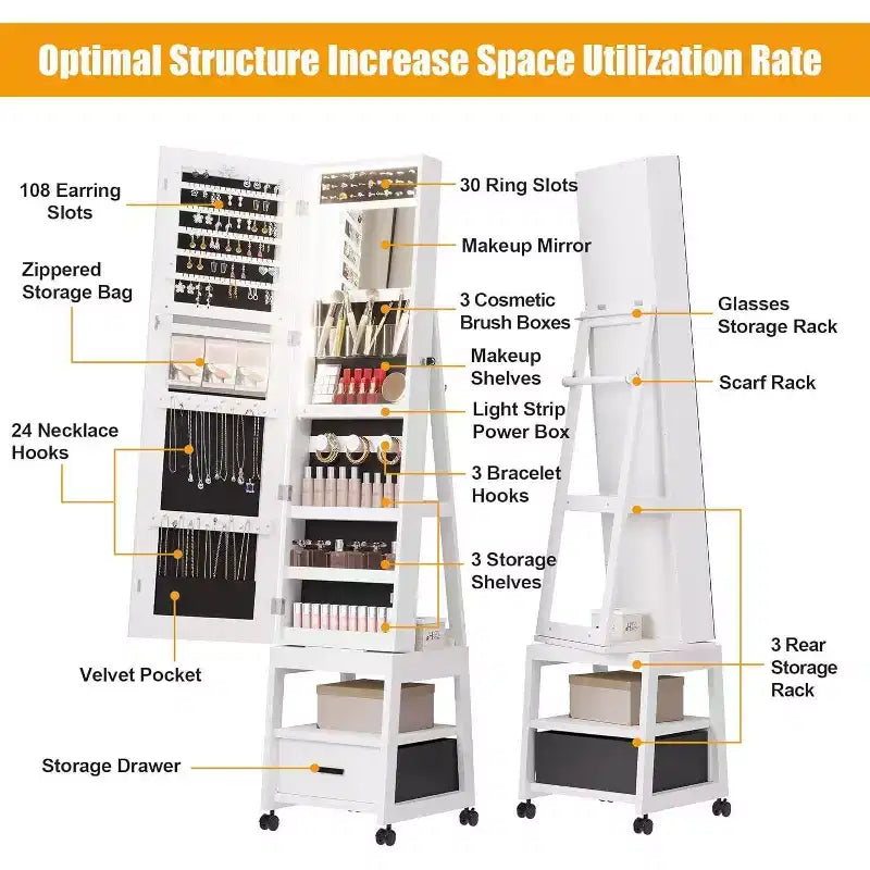 LED Mirror Jewelry Armoire, 360 Swivel, Vertical Jewelry Organizer with Lockable Lockers, Drawers, Mobility Wheels, Foldable Makeup Shelf