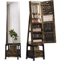LED Mirror Jewelry Armoire, 360 Swivel, Vertical Jewelry Organizer with Lockable Lockers, Drawers, Mobility Wheels, Foldable Makeup Shelf