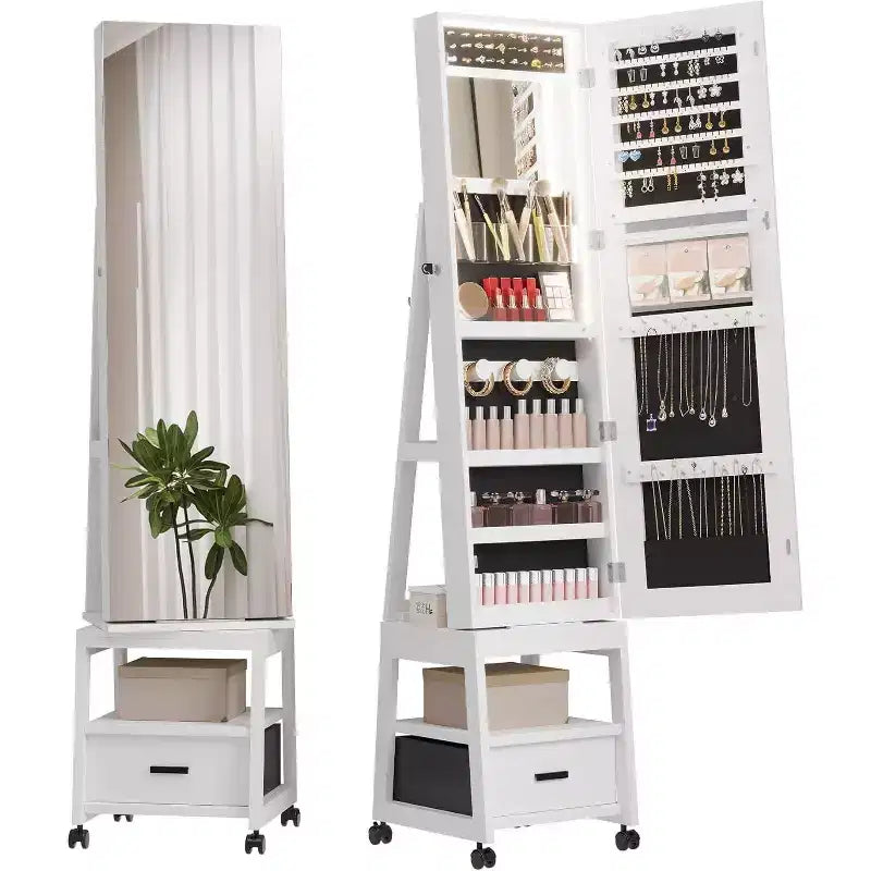 LED Mirror Jewelry Armoire, 360 Swivel, Vertical Jewelry Organizer with Lockable Lockers, Drawers, Mobility Wheels, Foldable Makeup Shelf