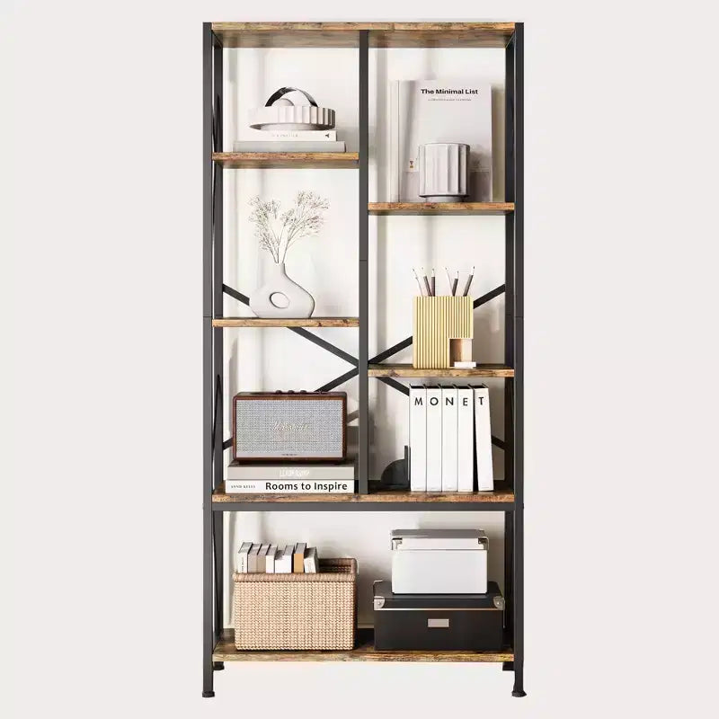 TROPOW Adjustable 5 Tier Open Bookcase, Rustic Farmhouse Book Shelves, Industrial Wood and Black Metal Bookshelves