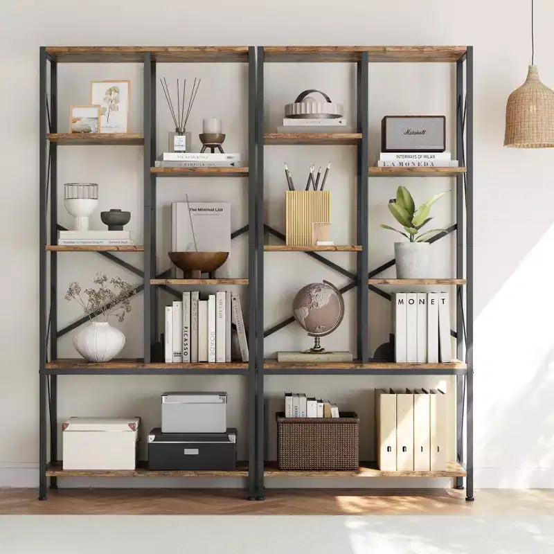 TROPOW Adjustable 5 Tier Open Bookcase, Rustic Farmhouse Book Shelves, Industrial Wood and Black Metal Bookshelves