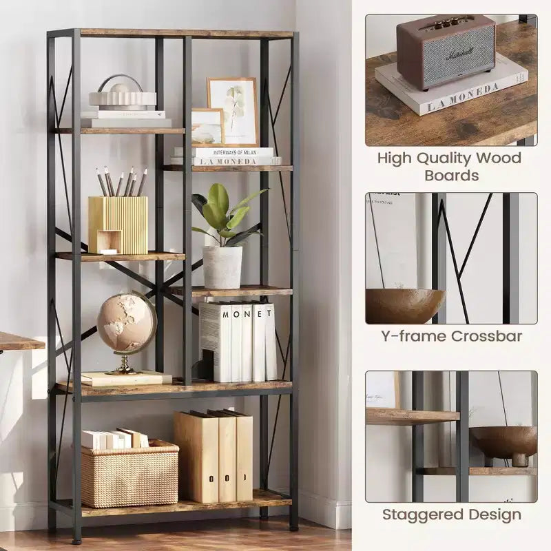 TROPOW Adjustable 5 Tier Open Bookcase, Rustic Farmhouse Book Shelves, Industrial Wood and Black Metal Bookshelves