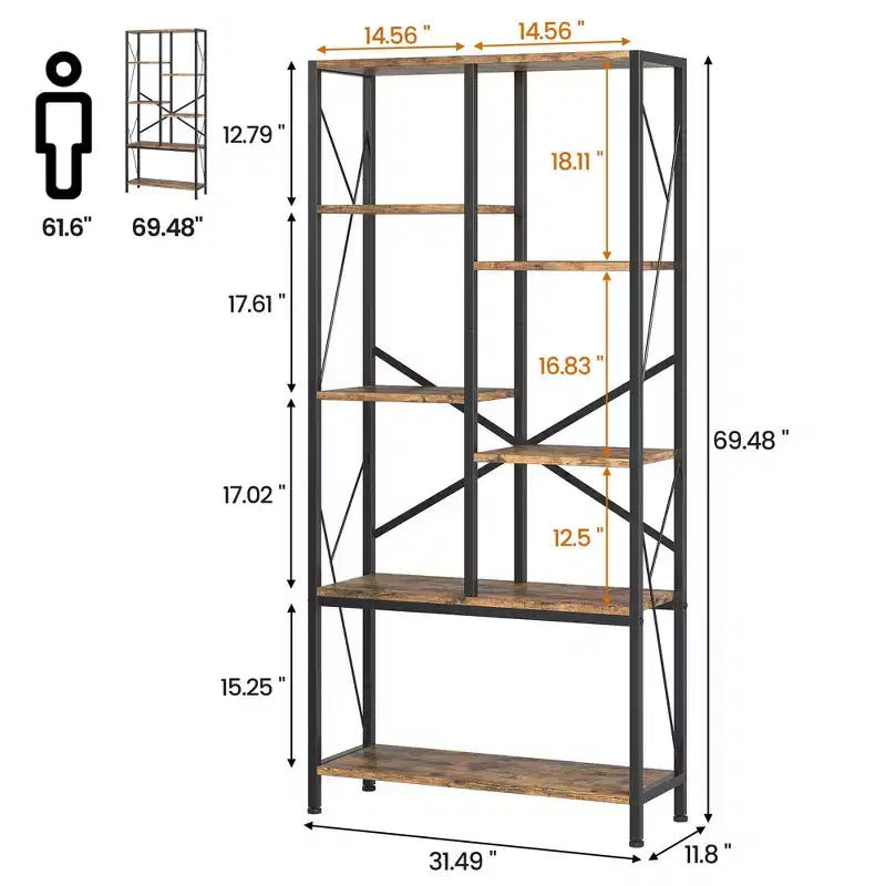 TROPOW Adjustable 5 Tier Open Bookcase, Rustic Farmhouse Book Shelves, Industrial Wood and Black Metal Bookshelves