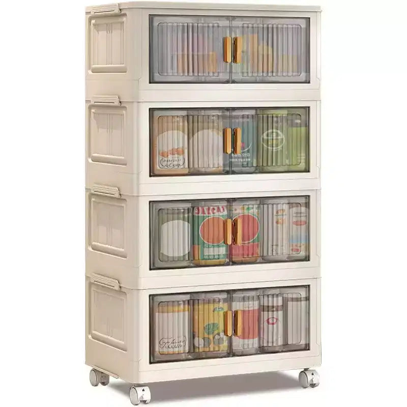 Stackable Storage Bins With Lids, 4-Tier Folding Storage Box, With Doors and Wheels, for Clothing, Toys, Snacks, Sundries Home Storage