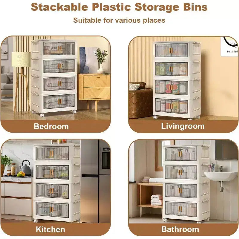 Stackable Storage Bins With Lids, 4-Tier Folding Storage Box, With Doors and Wheels, for Clothing, Toys, Snacks, Sundries Home Storage