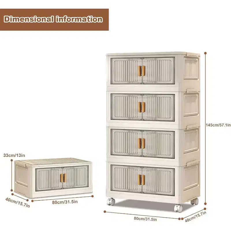 Stackable Storage Bins With Lids, 4-Tier Folding Storage Box, With Doors and Wheels, for Clothing, Toys, Snacks, Sundries Home Storage