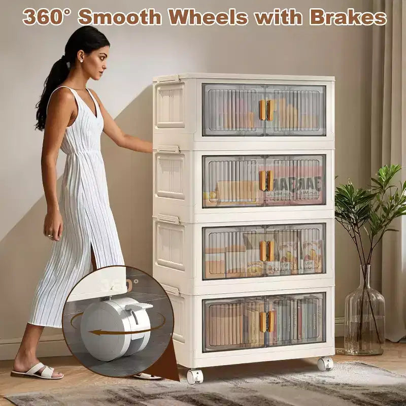 Stackable Storage Bins With Lids, 4-Tier Folding Storage Box, With Doors and Wheels, for Clothing, Toys, Snacks, Sundries Home Storage