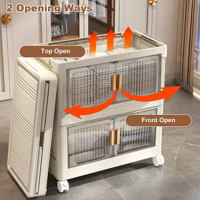 Stackable Storage Bins With Lids, 4-Tier Folding Storage Box, With Doors and Wheels, for Clothing, Toys, Snacks, Sundries Home Storage