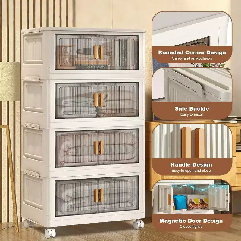 Stackable Storage Bins With Lids, 4-Tier Folding Storage Box, With Doors and Wheels, for Clothing, Toys, Snacks, Sundries Home Storage