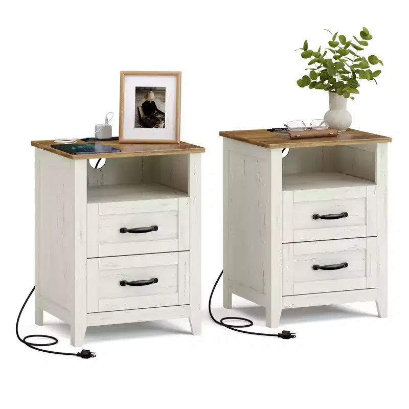 Set of 2 Farmhouse Nightstands with USB Charging - 2-Drawer Bedside Tables, Rustic Modern Design